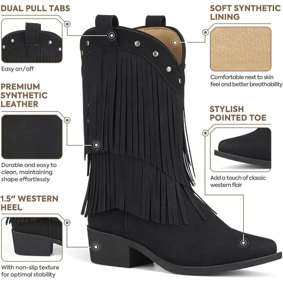Girls Black Cowgirl Boots Fringe Western Snip Toe Cowboy Boots for Kids Stylish - Picture 3 of 6
